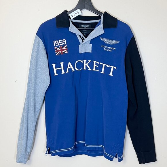 Hackett Aston Martin Racing Long Sleeve Polo Shirt - Men's Size M - Blue - Picture 1 of 13